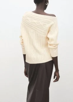 Asymmetrical wool blend cable knit sweater