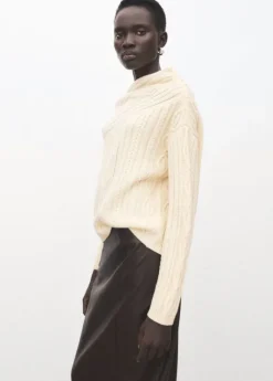 Asymmetrical wool blend cable knit sweater