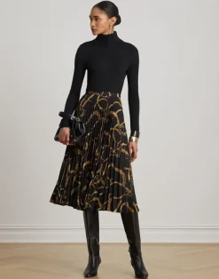 Belting-Print Pleated Crepe Skirt