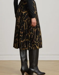 Belting-Print Pleated Crepe Skirt
