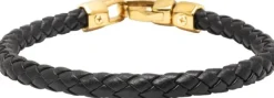 Braided Black Leather Bracelet in Gold