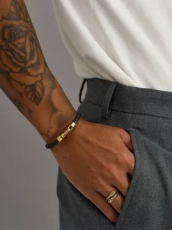 Braided Black Leather Bracelet in Gold