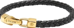 Braided Black Leather Bracelet in Gold