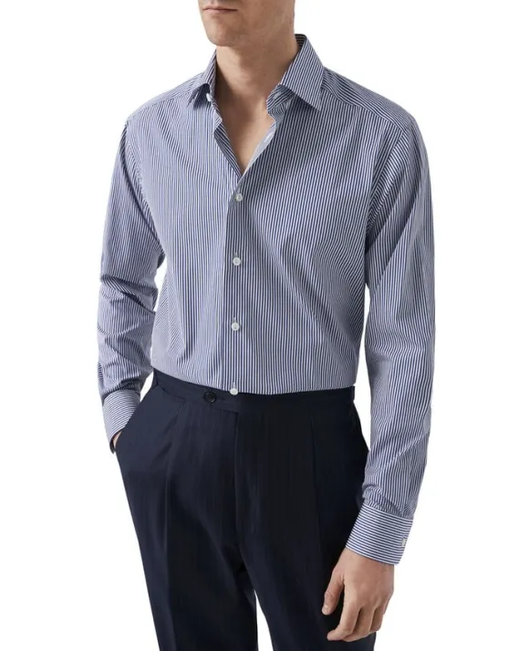 Contemporary Fit Dark Blue Bengal Striped Elevated Poplin Shirt