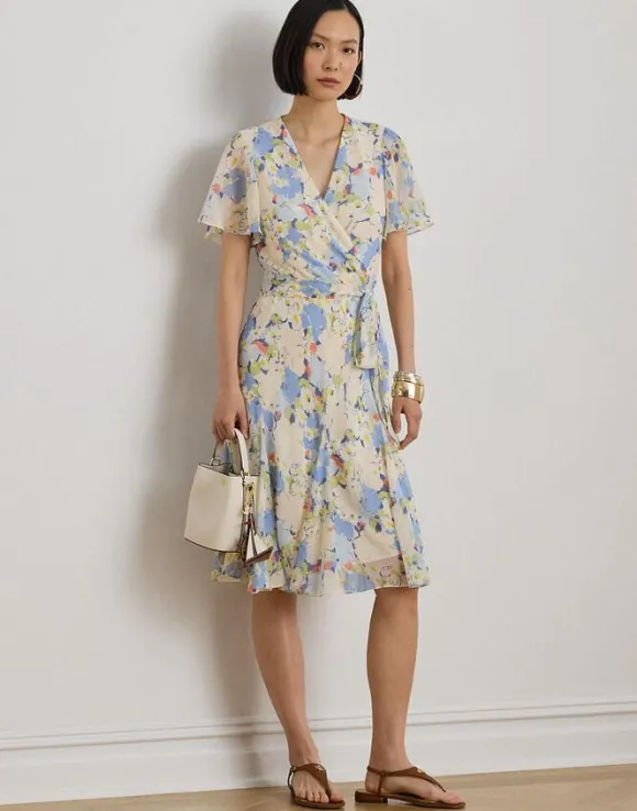 Floral Crinkle Georgette Surplice Dress