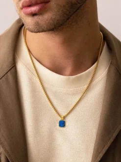 Gold Necklace with Square Blue Lapis Pendant