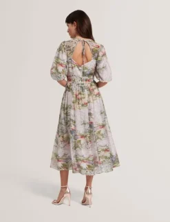 JONOR Puff Sleeve Printed Midi Dres