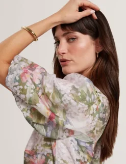 JONOR Puff Sleeve Printed Midi Dres