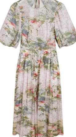 JONOR Puff Sleeve Printed Midi Dres