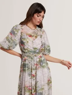 JONOR Puff Sleeve Printed Midi Dres