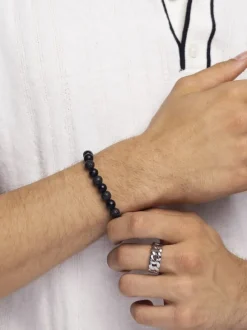 Men's Wristband with Lava Stone, Matte Onyx and Black Logo B