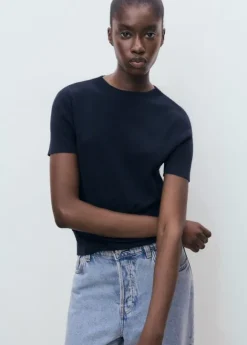 SHORT SLEEVED COTTEN BLEND SWEATER. -- CAMEL