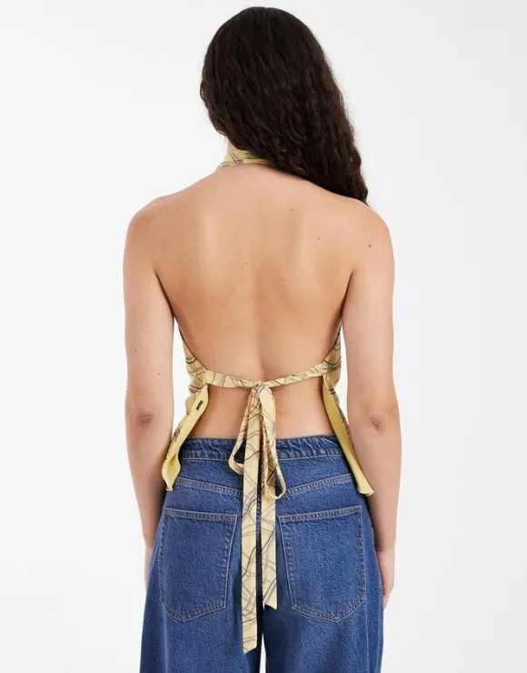 TSKELLY RUFFLE CHECK HALTER TOP WVN