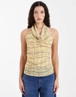 TSKELLY RUFFLE CHECK HALTER TOP WVN