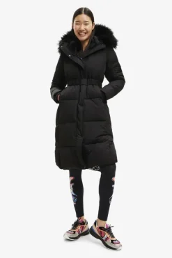 White quilted coat with fur-effect hood