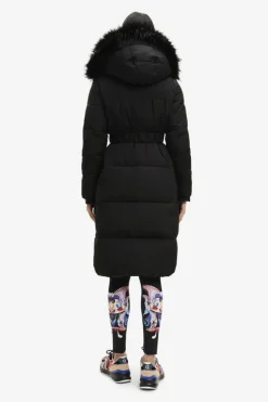 White quilted coat with fur-effect hood