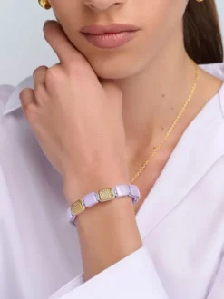 Women's Lavender Ceramic Flatbead Bracelet with Gold CZ
