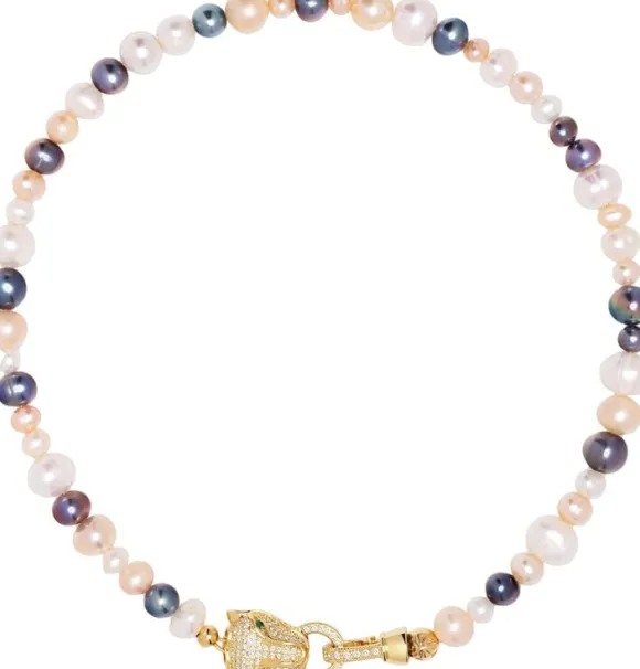 Women's Multi-Colored Pearl Choker with Gold Panther Head