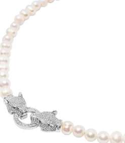Women's Pearl Choker with Silver Double Panther Head