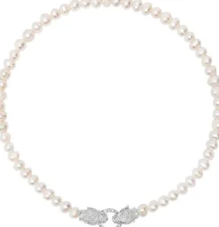 Women's Pearl Choker with Silver Double Panther Head