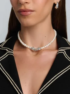 Women's Pearl Choker with Silver Double Panther Head