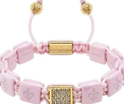 Women's Soft Pink Ceramic Flatbead Bracelet with Gold CZ
